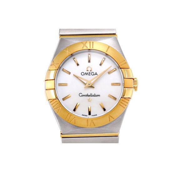  Omega-Constellation Ladies 28mm YG/SS Wht MOP Stk 8848F Swiss Qtz