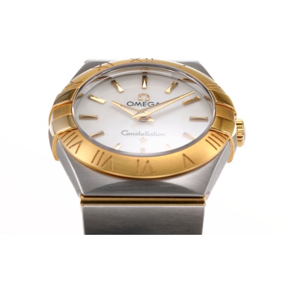  Omega-Constellation Ladies 28mm YG/SS Wht MOP Stk 8848F Swiss Qtz