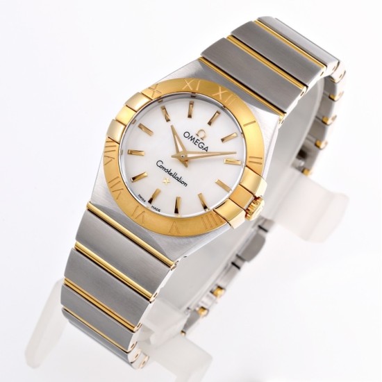  Omega-Constellation Ladies 28mm YG/SS Wht MOP Stk 8848F Swiss Qtz