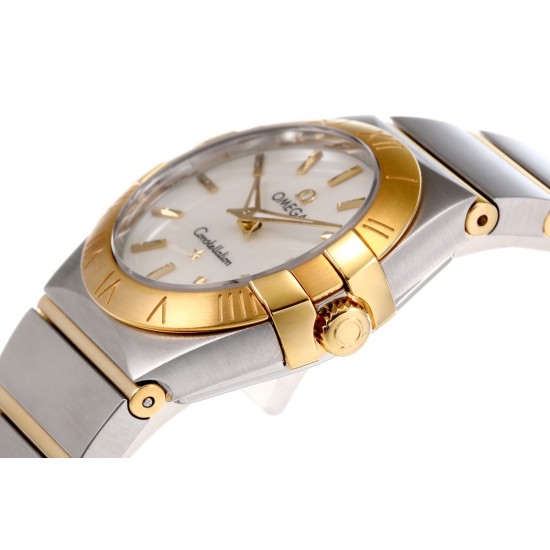  Omega-Constellation Ladies 28mm YG/SS Wht MOP Stk 8848F Swiss Qtz