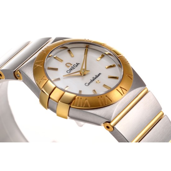  Omega-Constellation Ladies 28mm YG/SS Wht MOP Stk 8848F Swiss Qtz