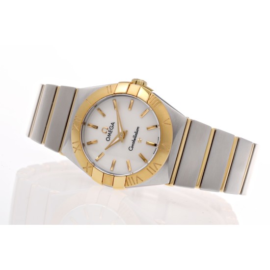  Omega-Constellation Ladies 28mm YG/SS Wht MOP Stk 8848F Swiss Qtz