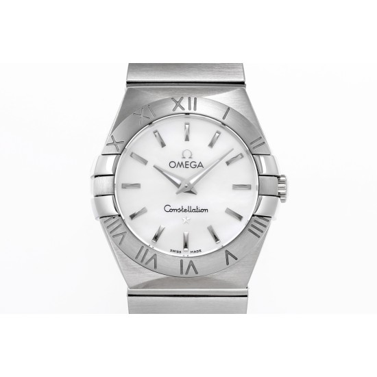  Omega-Constellation Ladies 28mm SS/SS Wht MOP Stk 8848F Swiss Qtz