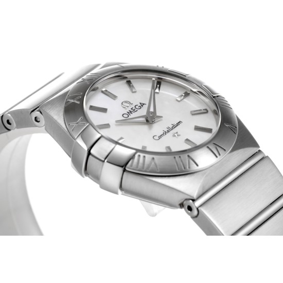  Omega-Constellation Ladies 28mm SS/SS Wht MOP Stk 8848F Swiss Qtz