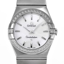  Omega-Constellation Ladies 28mm Diamonds SS/SS Wht MOP Stk 8848F Swiss Qtz