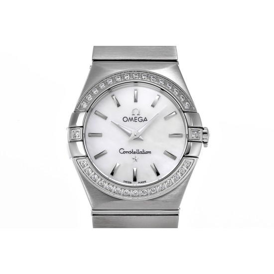  Omega-Constellation Ladies 28mm Diamonds SS/SS Wht MOP Stk 8848F Swiss Qtz