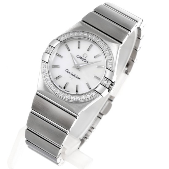  Omega-Constellation Ladies 28mm Diamonds SS/SS Wht MOP Stk 8848F Swiss Qtz