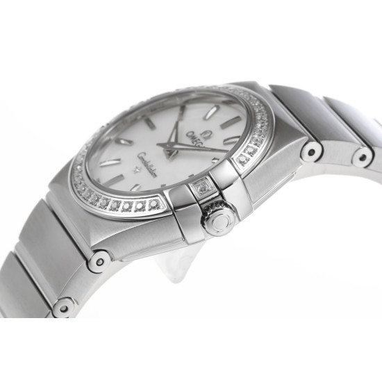  Omega-Constellation Ladies 28mm Diamonds SS/SS Wht MOP Stk 8848F Swiss Qtz