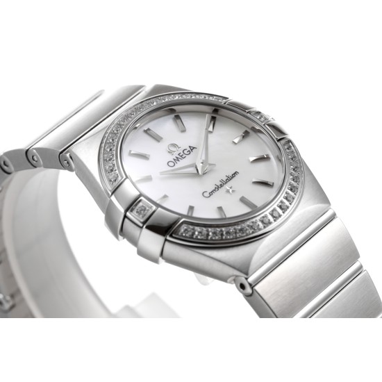  Omega-Constellation Ladies 28mm Diamonds SS/SS Wht MOP Stk 8848F Swiss Qtz