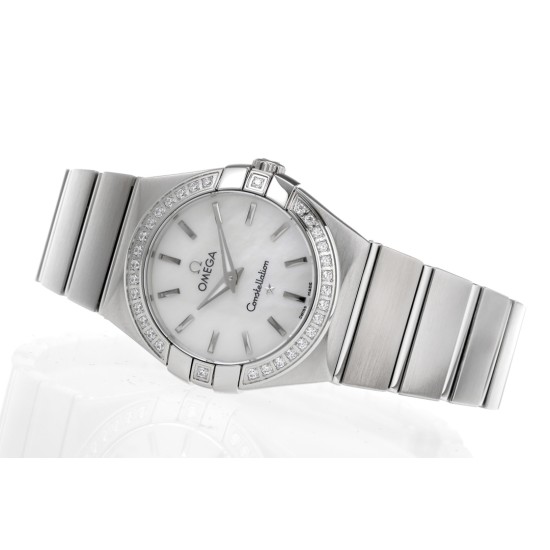  Omega-Constellation Ladies 28mm Diamonds SS/SS Wht MOP Stk 8848F Swiss Qtz