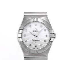  Omega-Constellation Ladies 28mm SS/SS White Patterned MOP Diamonds IWC-Marker 8848F Swiss Qtz