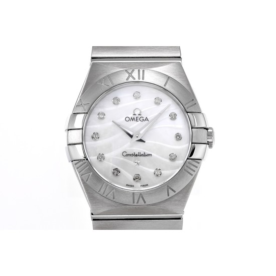  Omega-Constellation Ladies 28mm SS/SS White Patterned MOP Diamonds IWC-Marker 8848F Swiss Qtz