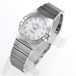  Omega-Constellation Ladies 28mm SS/SS White Patterned MOP Diamonds IWC-Marker 8848F Swiss Qtz
