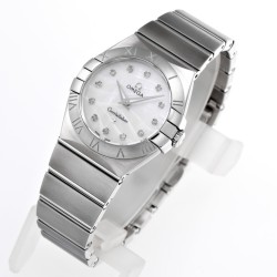  Omega-Constellation Ladies 28mm SS/SS White Patterned MOP Diamonds IWC-Marker 8848F Swiss Qtz