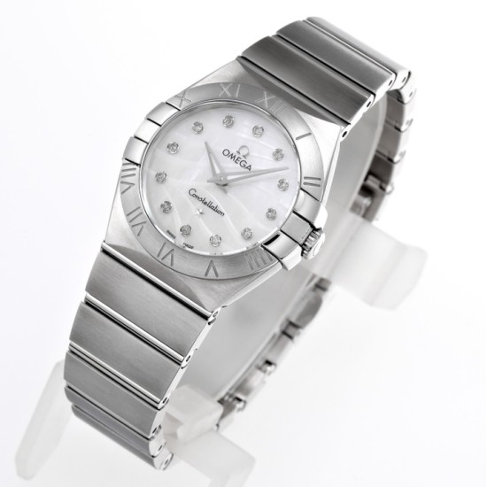  Omega-Constellation Ladies 28mm SS/SS White Patterned MOP Diamonds IWC-Marker 8848F Swiss Qtz