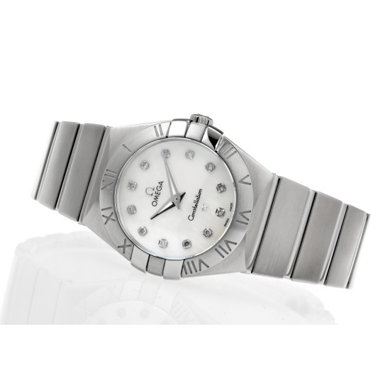  Omega-Constellation Ladies 28mm SS/SS White Patterned MOP Diamonds IWC-Marker 8848F Swiss Qtz