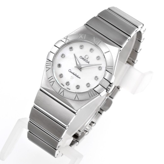  Omega-Constellation Ladies 28mm SS/SS White MOP Diamonds IWC-Marker 8848F Swiss Qtz