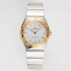  Omega-Constellation Ladies 28mm YG/SS White Patterned Dial Stk AF Swiss Qtz