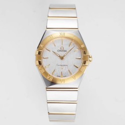  Omega-Constellation Ladies 28mm YG/SS White Patterned Dial Stk AF Swiss Qtz