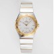  Omega-Constellation Ladies 28mm YG/SS White Patterned Dial Stk AF Swiss Qtz