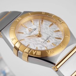  Omega-Constellation Ladies 28mm YG/SS White Patterned Dial Stk AF Swiss Qtz
