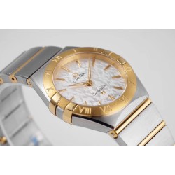  Omega-Constellation Ladies 28mm YG/SS White Patterned Dial Stk AF Swiss Qtz