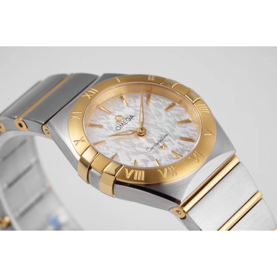  Omega-Constellation Ladies 28mm YG/SS White Patterned Dial Stk AF Swiss Qtz