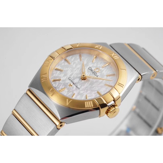 Omega-Constellation Ladies 28mm YG/SS White Patterned Dial Stk AF Swiss Qtz
