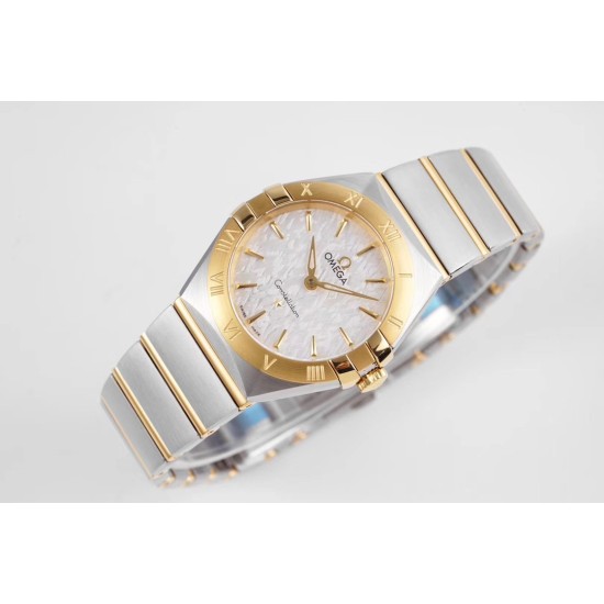  Omega-Constellation Ladies 28mm YG/SS White Patterned Dial Stk AF Swiss Qtz