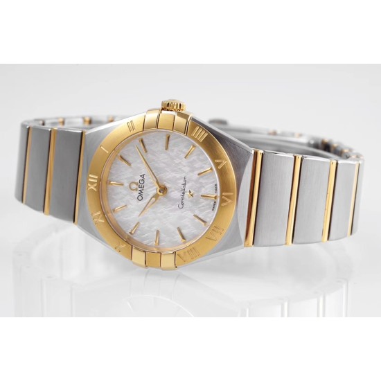 Omega-Constellation Ladies 28mm YG/SS White Patterned Dial Stk AF Swiss Qtz