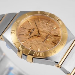  Omega-Constellation Ladies 28mm YG/SS Gold Patterned Dial Stk AF Swiss Qtz