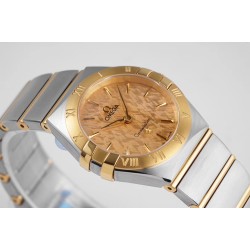  Omega-Constellation Ladies 28mm YG/SS Gold Patterned Dial Stk AF Swiss Qtz