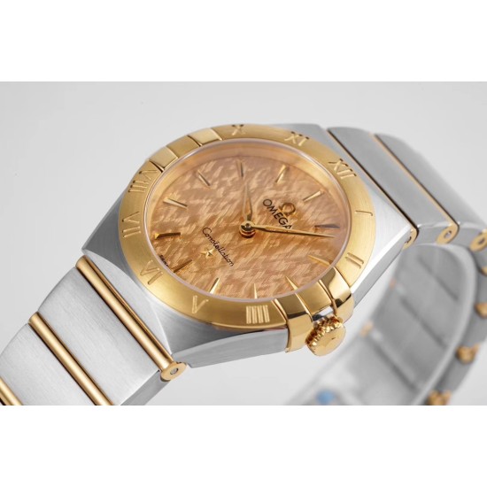  Omega-Constellation Ladies 28mm YG/SS Gold Patterned Dial Stk AF Swiss Qtz
