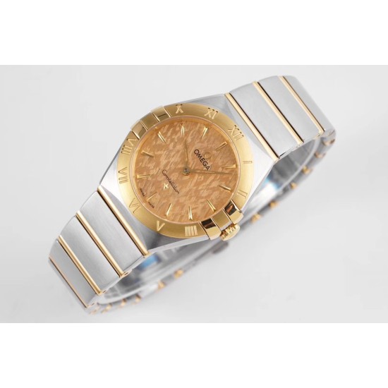  Omega-Constellation Ladies 28mm YG/SS Gold Patterned Dial Stk AF Swiss Qtz