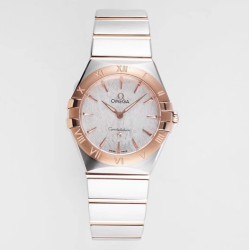  Omega-Constellation Ladies 28mm RG/SS White Patterned Dial Stk AF Swiss Qtz