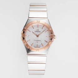  Omega-Constellation Ladies 28mm RG/SS White Patterned Dial Stk AF Swiss Qtz