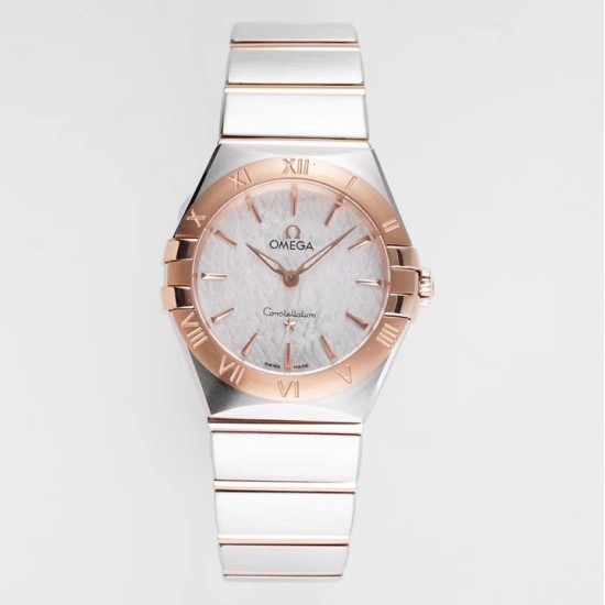  Omega-Constellation Ladies 28mm RG/SS White Patterned Dial Stk AF Swiss Qtz