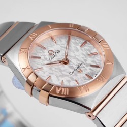  Omega-Constellation Ladies 28mm RG/SS White Patterned Dial Stk AF Swiss Qtz