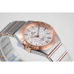  Omega-Constellation Ladies 28mm RG/SS White Patterned Dial Stk AF Swiss Qtz