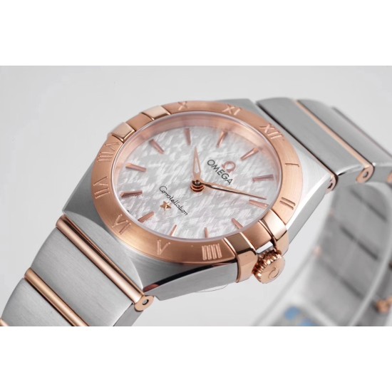  Omega-Constellation Ladies 28mm RG/SS White Patterned Dial Stk AF Swiss Qtz
