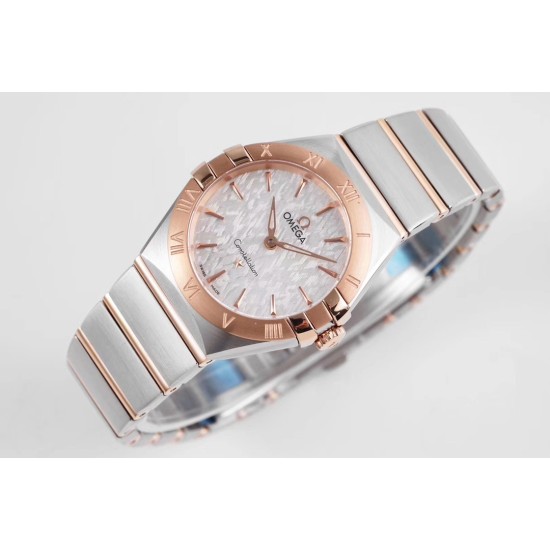  Omega-Constellation Ladies 28mm RG/SS White Patterned Dial Stk AF Swiss Qtz
