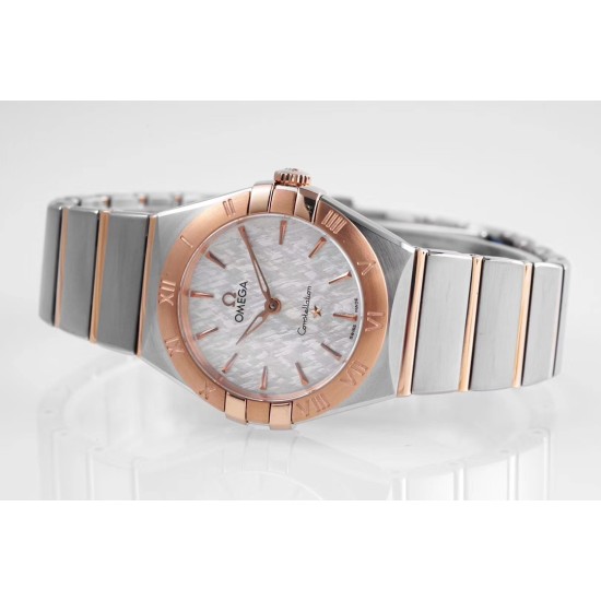  Omega-Constellation Ladies 28mm RG/SS White Patterned Dial Stk AF Swiss Qtz