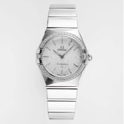  Omega-Constellation Ladies 28mm Diamonds SS/SS White Patterned Dial Stk AF Swiss Qtz