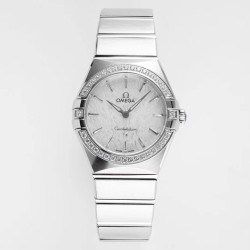  Omega-Constellation Ladies 28mm Diamonds SS/SS White Patterned Dial Stk AF Swiss Qtz