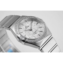  Omega-Constellation Ladies 28mm Diamonds SS/SS White Patterned Dial Stk AF Swiss Qtz