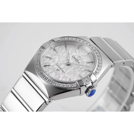  Omega-Constellation Ladies 28mm Diamonds SS/SS White Patterned Dial Stk AF Swiss Qtz