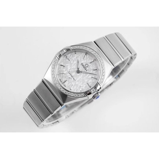  Omega-Constellation Ladies 28mm Diamonds SS/SS White Patterned Dial Stk AF Swiss Qtz