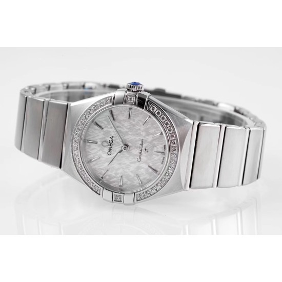 Omega-Constellation Ladies 28mm Diamonds SS/SS White Patterned Dial Stk AF Swiss Qtz