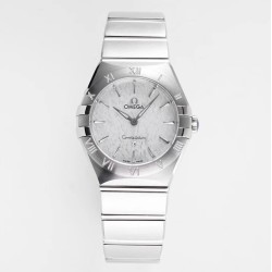  Omega-Constellation Ladies 28mm SS/SS White Patterned Dial Stk AF Swiss Qtz