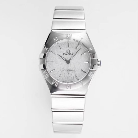  Omega-Constellation Ladies 28mm SS/SS White Patterned Dial Stk AF Swiss Qtz